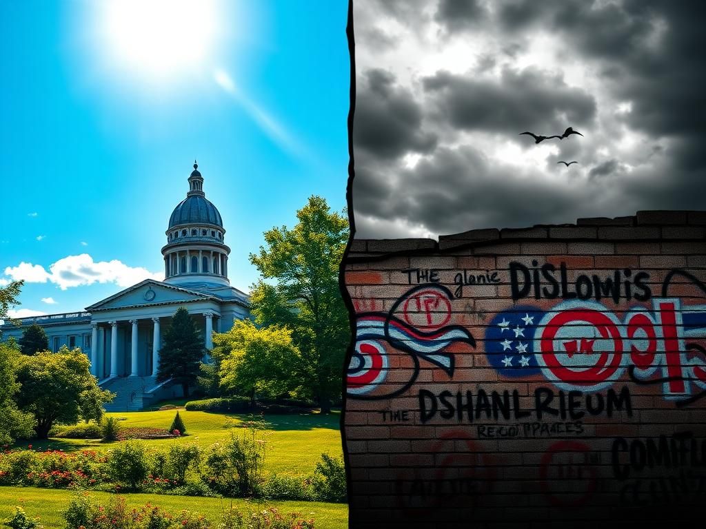 Flick International A split scene showcasing contrasting landscapes representing a political shift from Republican to Democratic.