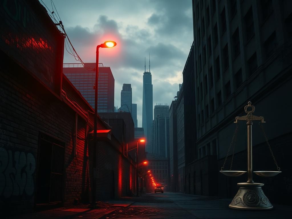 Flick International Dramatic urban landscape of Chicago at dusk with city lights and dark alley shadows