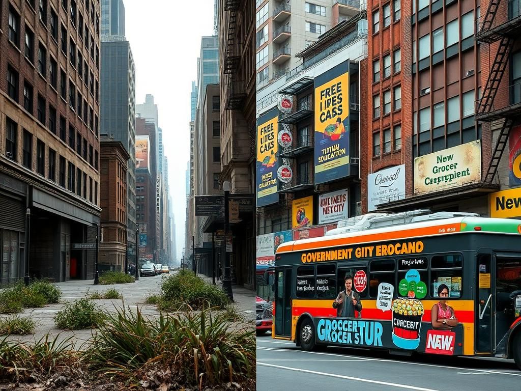 Flick International A split image showing a desolate Chicago street on the left and a vibrant New York City scene on the right