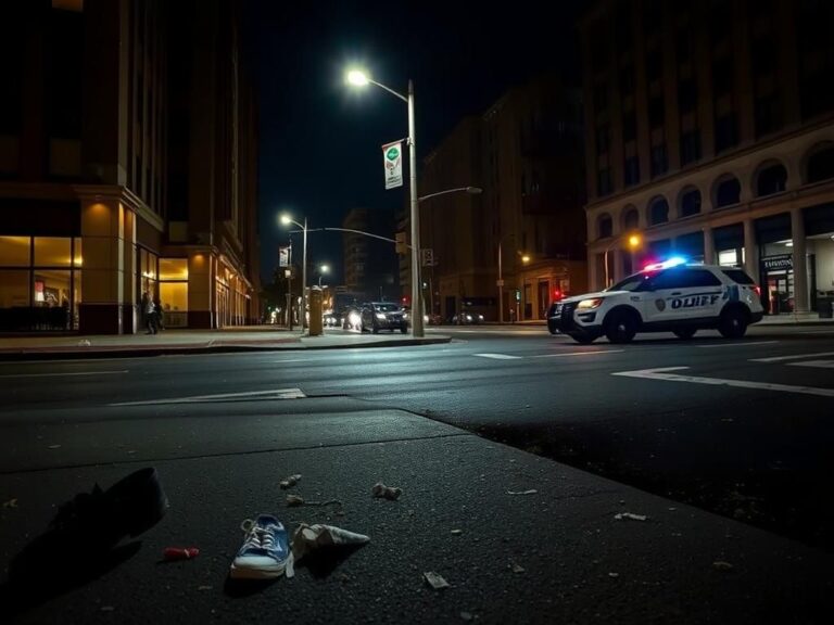 Flick International Nighttime city scene at Fourth and Elm streets in Cincinnati, depicting aftermath of violence with debris and a police car.