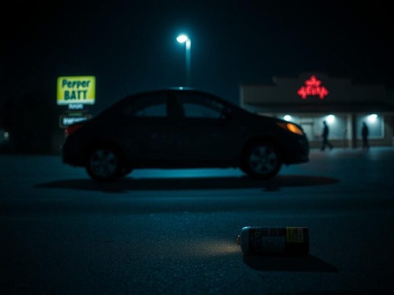 Flick International Dimly lit parking lot at midnight with a pepper spray canister symbolizing self-defense
