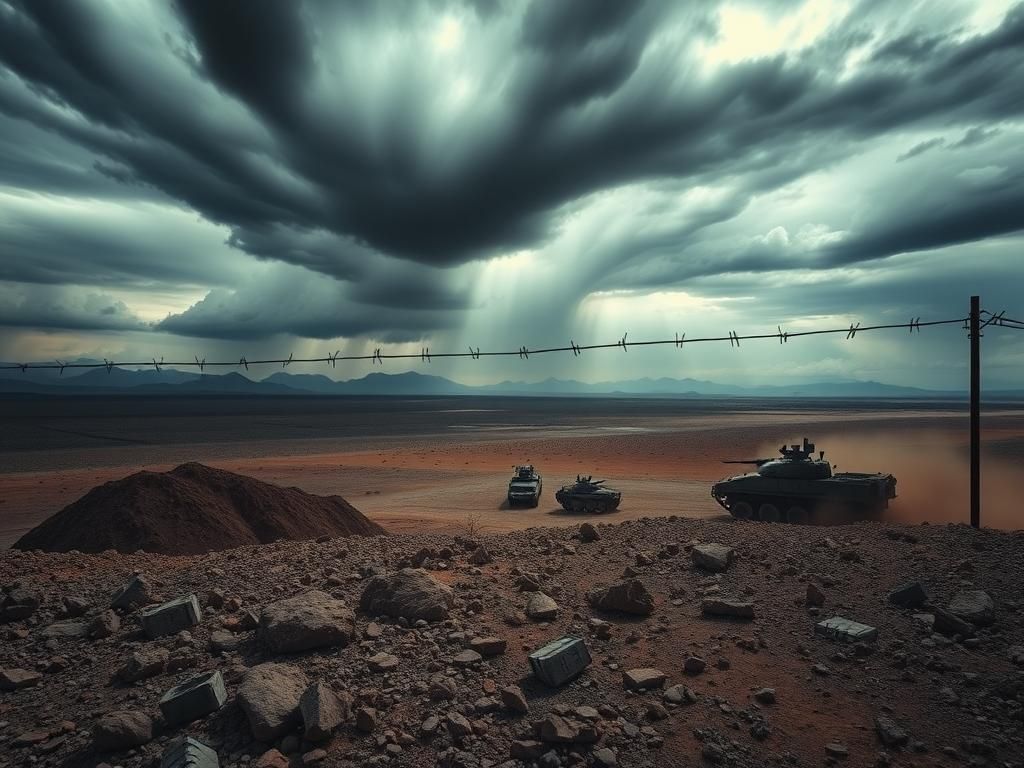 Flick International A dramatic aerial view of the US-Mexico border desert landscape with a barbed wire fence