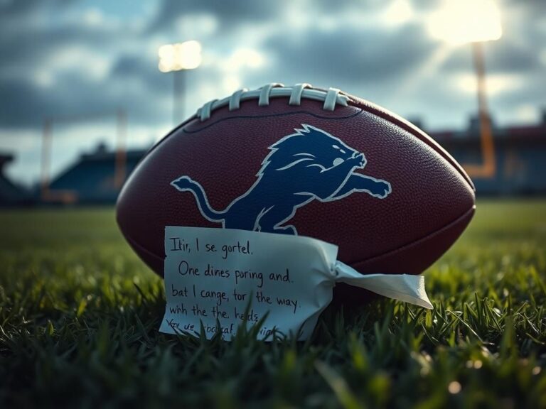 Flick International Close-up of a Detroit Lions football on a grass field with goalposts blurred in the background