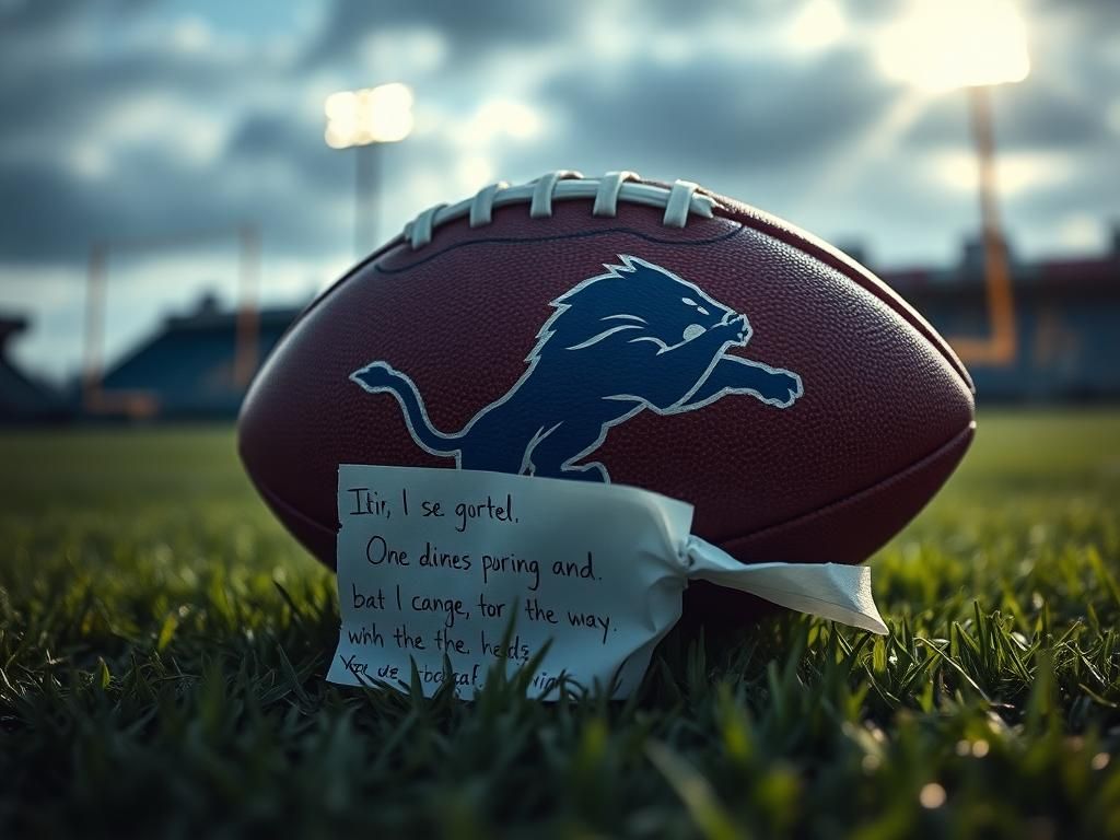Flick International Close-up of a Detroit Lions football on a grass field with goalposts blurred in the background