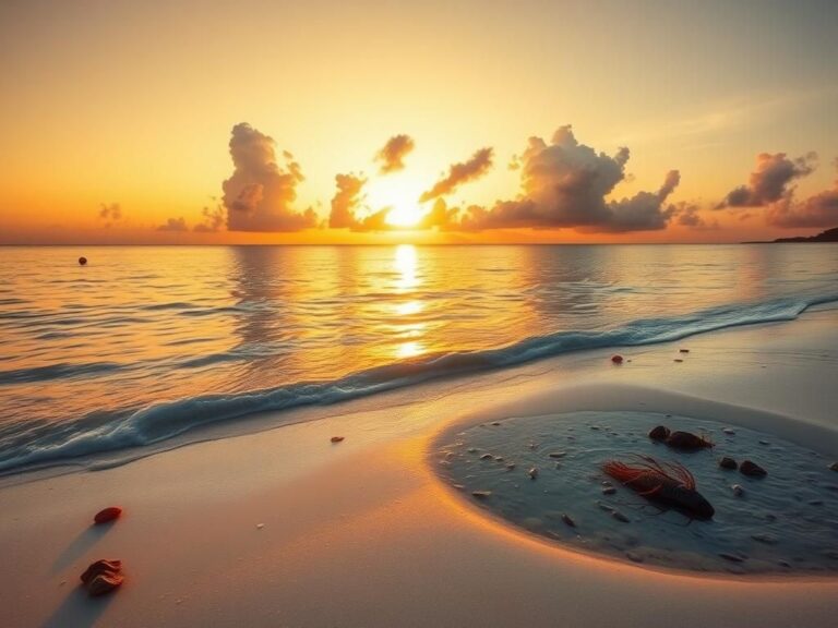 Flick International A tranquil Florida beach scene at sunset with warning buoys for hazardous waters