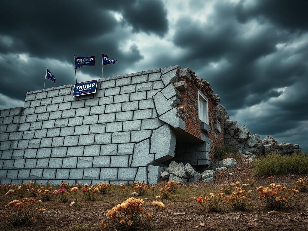 Flick International Dramatic representation of a crumbling political landscape with a cracked stone wall symbolizing the Trump administration's decline