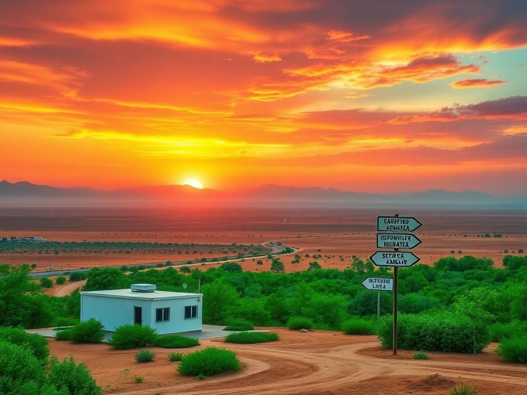 Flick International Panoramic view of a sprawling, arid landscape representing a fictional African country with modern resettlement facilities.