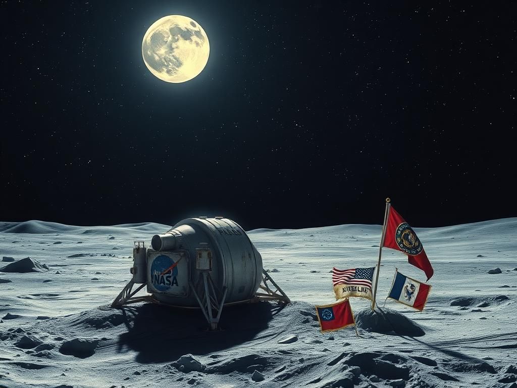 Flick International NASA spacecraft on the lunar surface with a glowing full moon and a starry sky