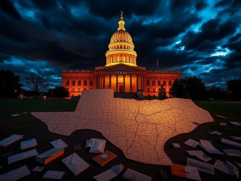 Flick International Dramatic scene of the Texas State Capitol building at dusk with a foreboding sky