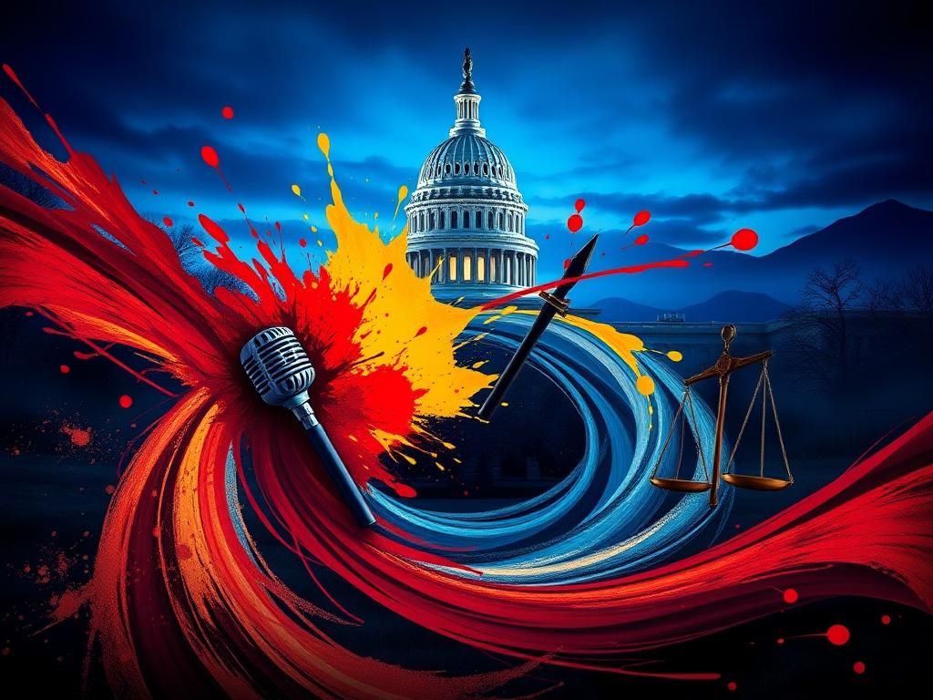 Flick International Abstract representation of a political landscape with a stylized Capitol building