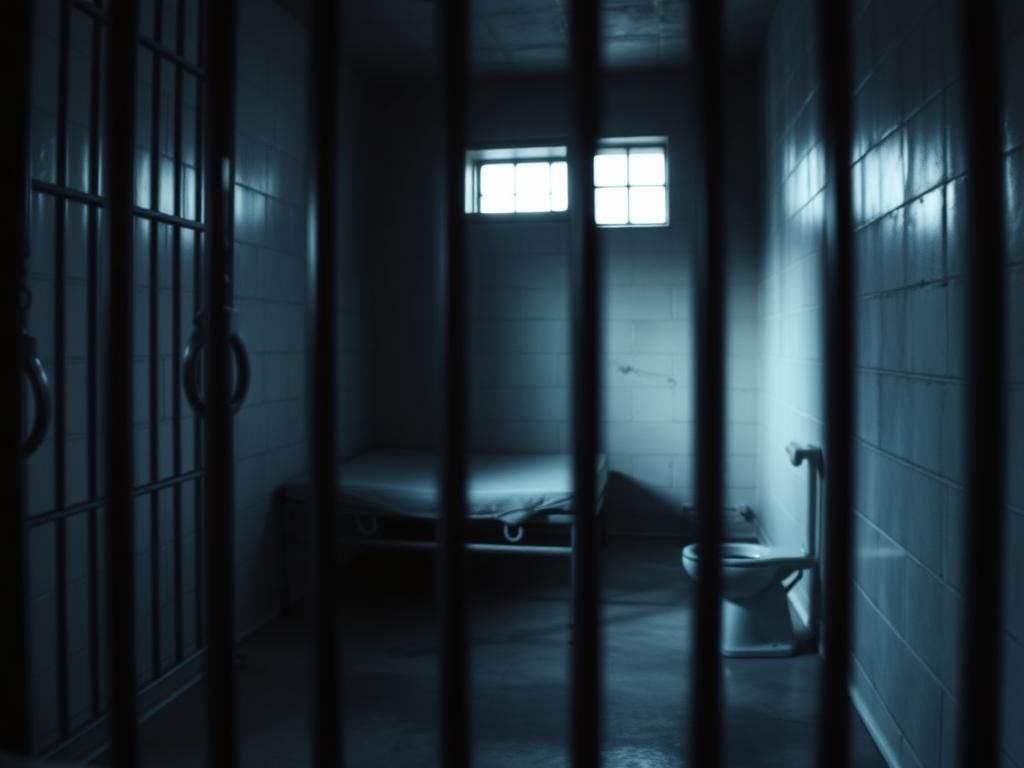 Flick International A dimly lit jail cell with bars and shadows, representing confinement