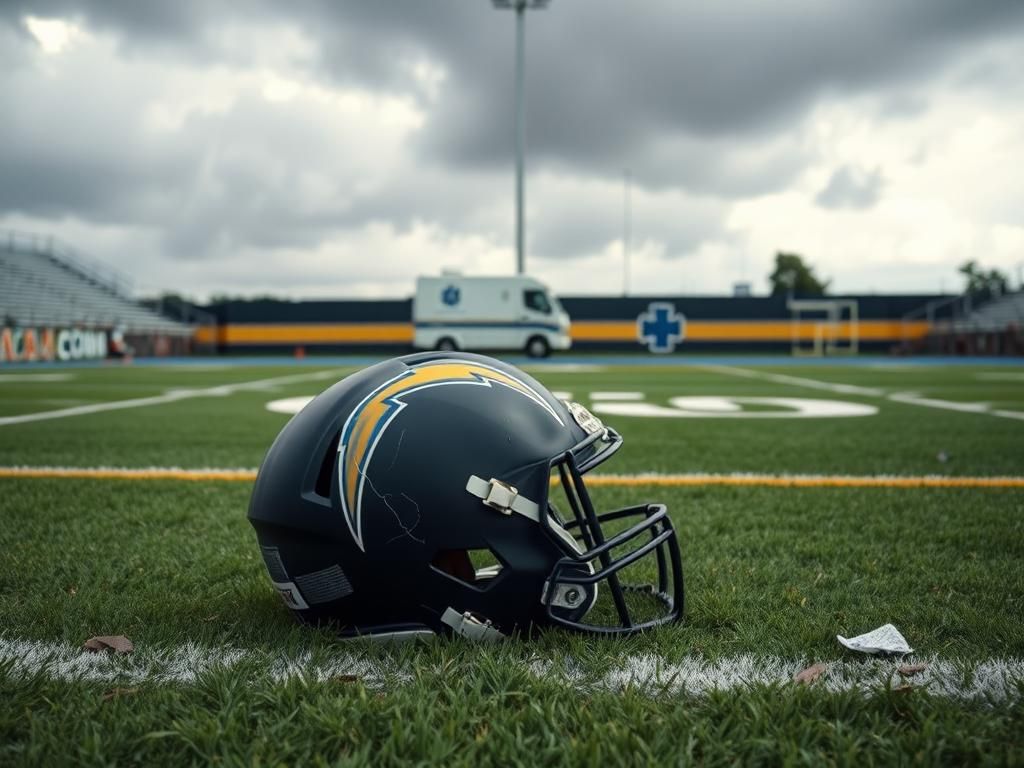 Flick International Empty Los Angeles Chargers practice field with a discarded helmet symbolizing injury impact
