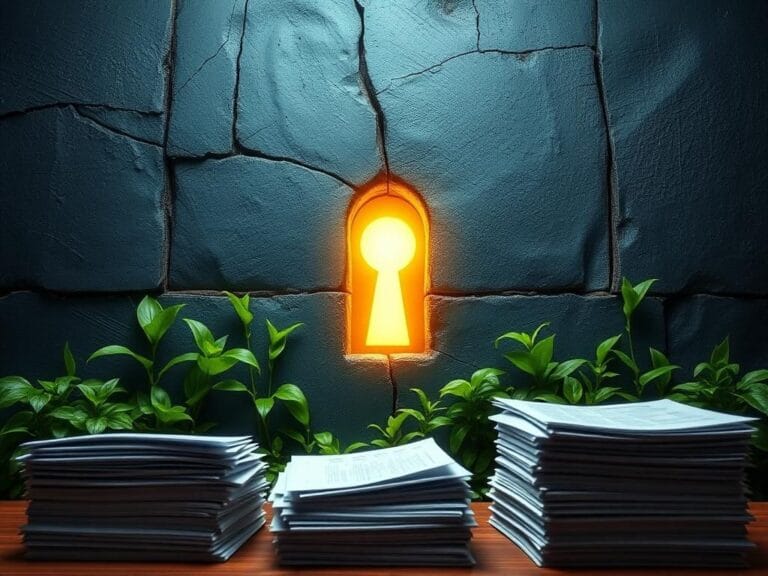 Flick International Weathered slate-colored wall symbolizing barriers with a glowing golden keyhole representing hope for undocumented immigrants