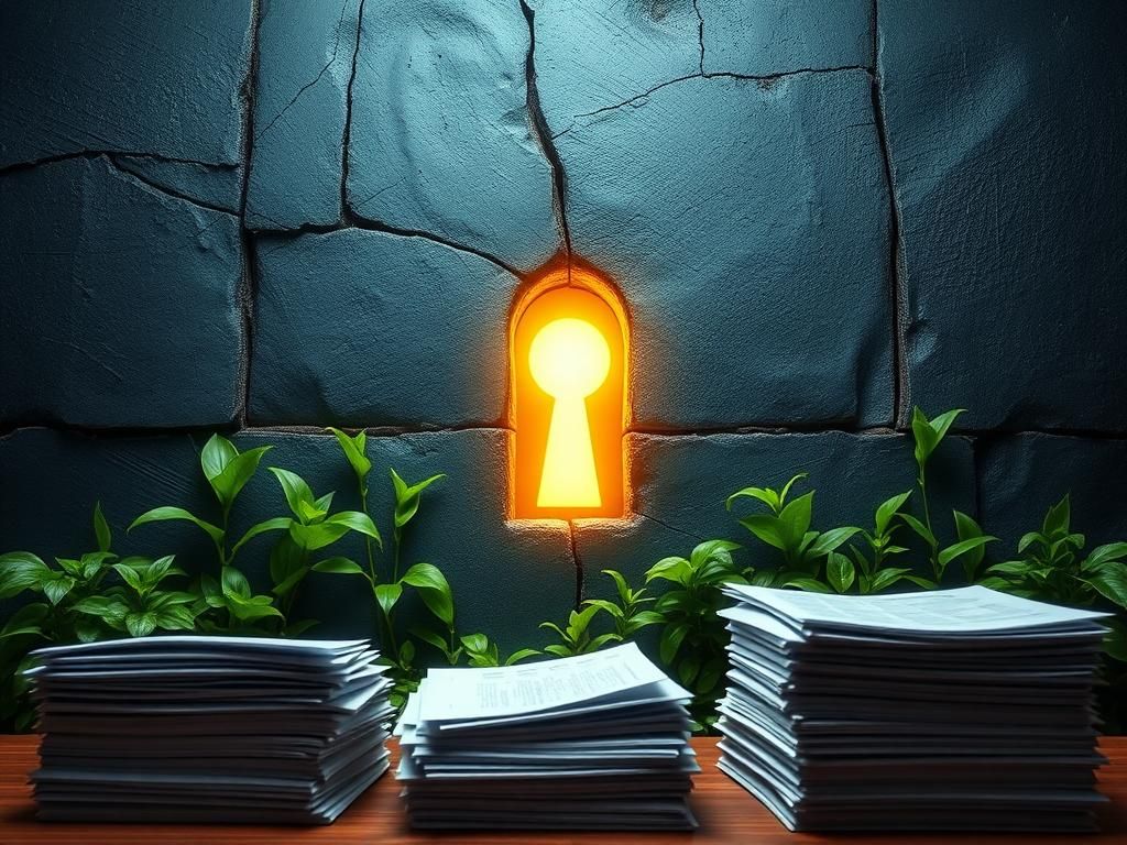 Flick International Weathered slate-colored wall symbolizing barriers with a glowing golden keyhole representing hope for undocumented immigrants