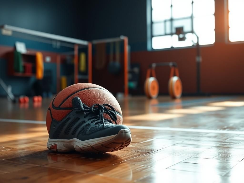 Flick International Close-up shot of a basketball and training shoe on a gym floor, symbolizing dedication and struggle