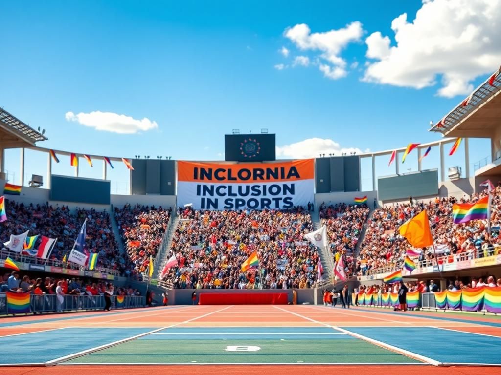 Flick International A vibrant scene of a California sports stadium showcasing a high jump mat and triple jump runway, symbolizing inclusivity in athletics.