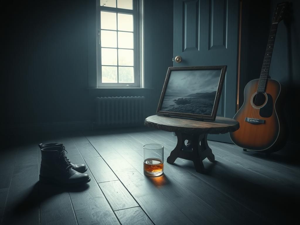 Flick International A dimly lit room with worn-out boots and a glass of whiskey, creating an atmosphere of introspection