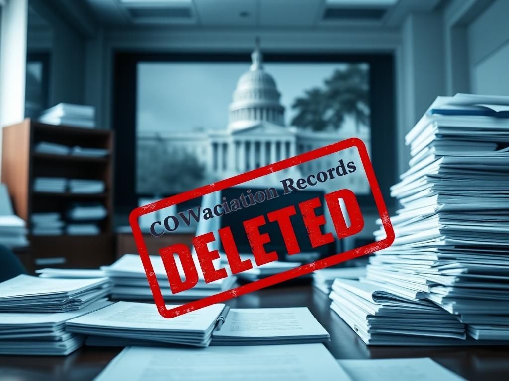 Flick International Official desk with paperwork showing COVID Vaccination Records marked 'Deleted'