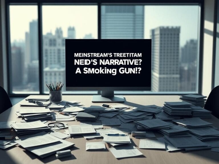 Flick International A minimalist news desk scene with a cluttered table and a computer screen displaying a headline about mainstream media narratives.