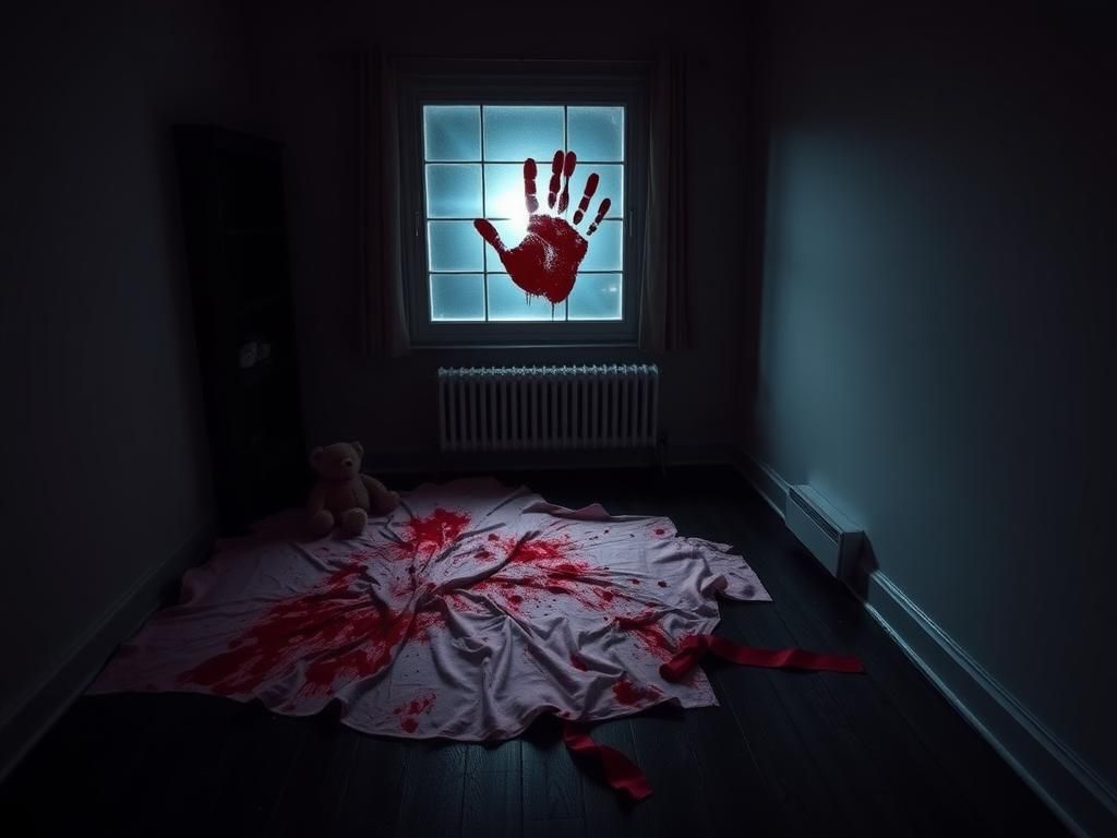 Flick International Blood-stained pink blanket and teddy bear in a dimly lit living room