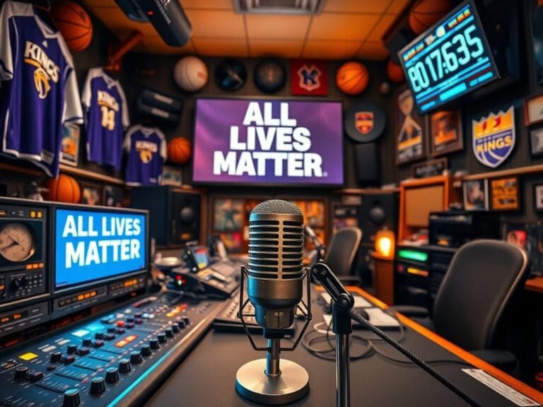 Flick International A dynamic radio broadcasting studio filled with high-tech equipment and Sacramento Kings memorabilia