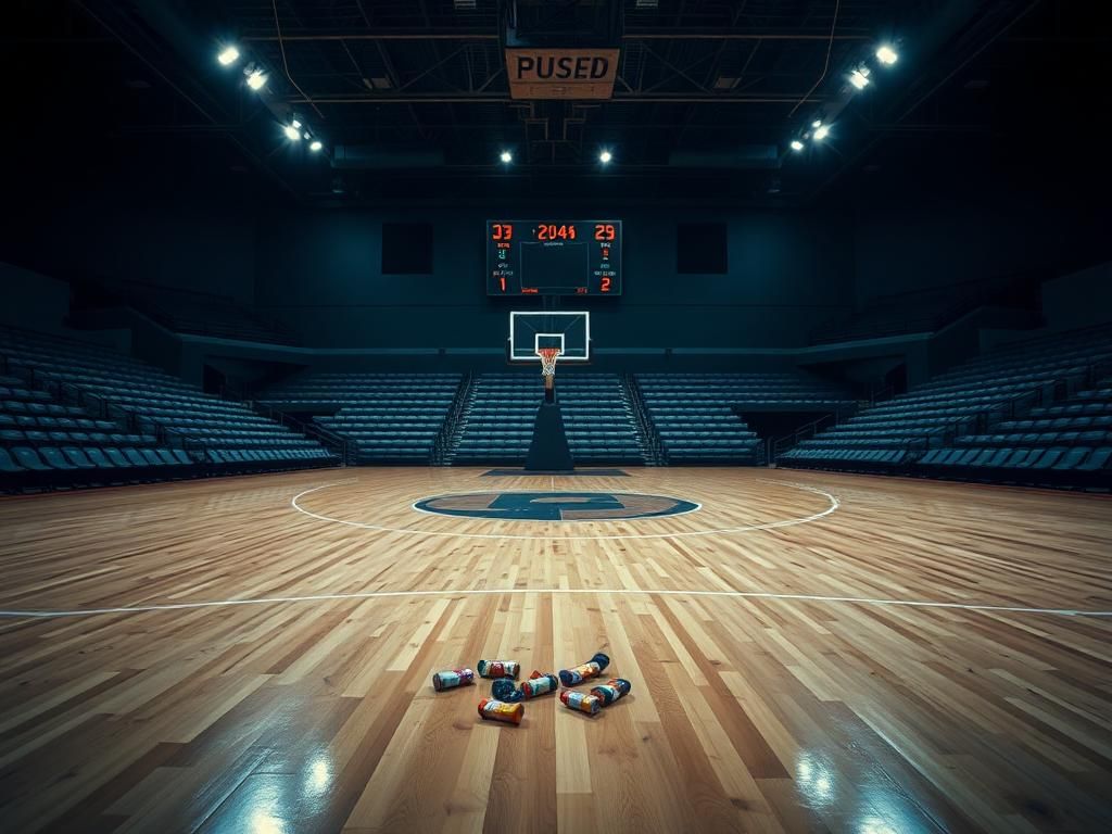 Flick International Dramatic indoor basketball court with empty stands and scattered colorful objects