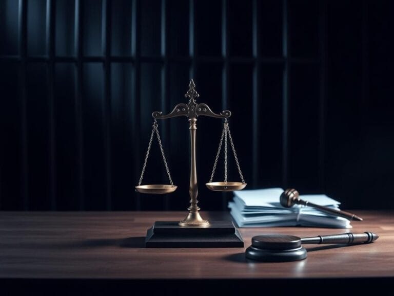 Flick International Dimly lit courtroom scene with scales of justice and legal documents