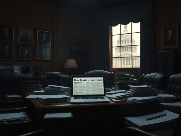 Flick International Dimly lit government office with a cluttered oak desk covered in Epstein files and documents