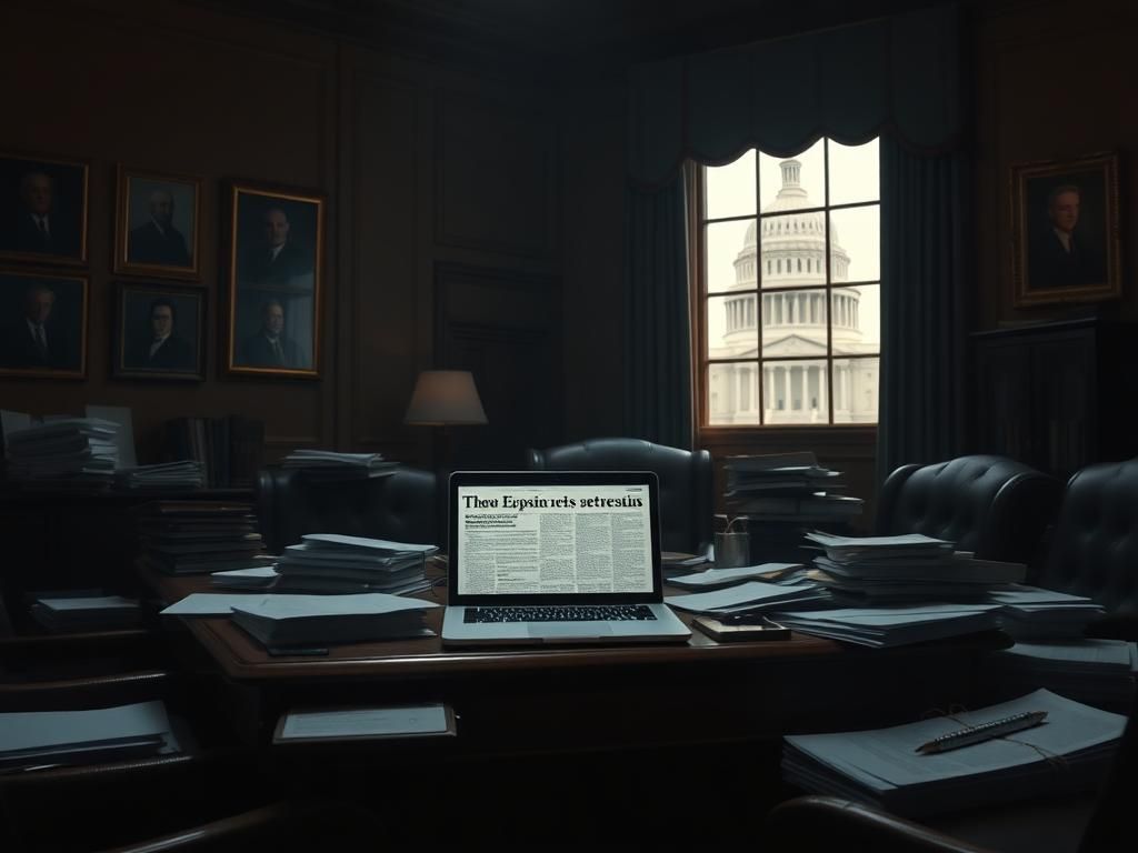 Flick International Dimly lit government office with a cluttered oak desk covered in Epstein files and documents