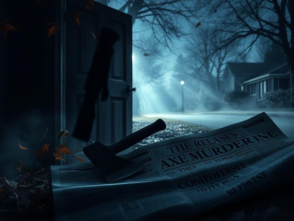 Flick International Shadowy figure of an axe resting against a weathered wooden door in a deserted neighborhood