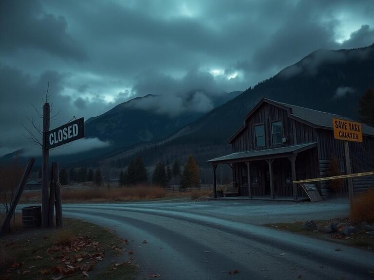 Flick International A deserted rustic bar facade in the Montana wilderness reflecting the aftermath of a tragic mass shooting