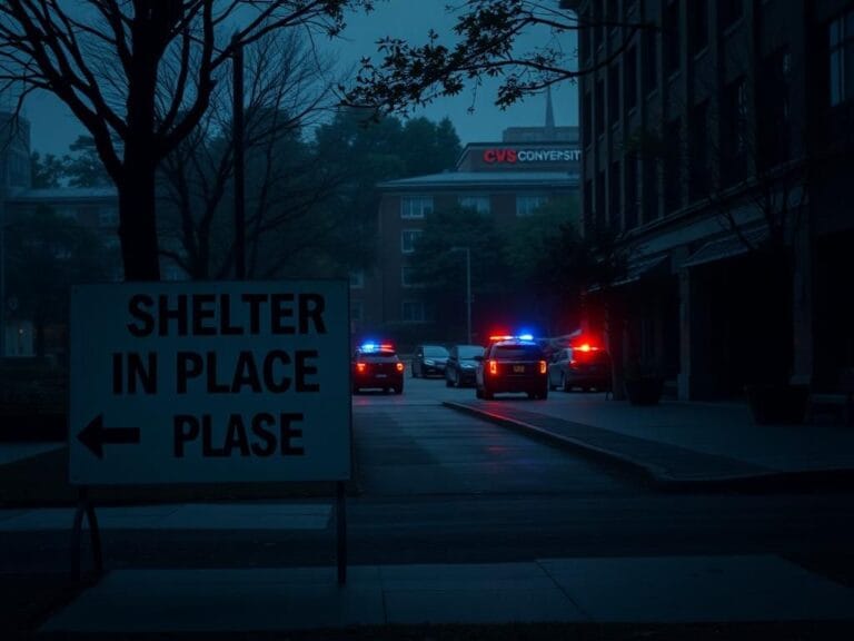 Flick International Exterior view of Emory University during active shooter situation with empty sidewalks and urgent signage