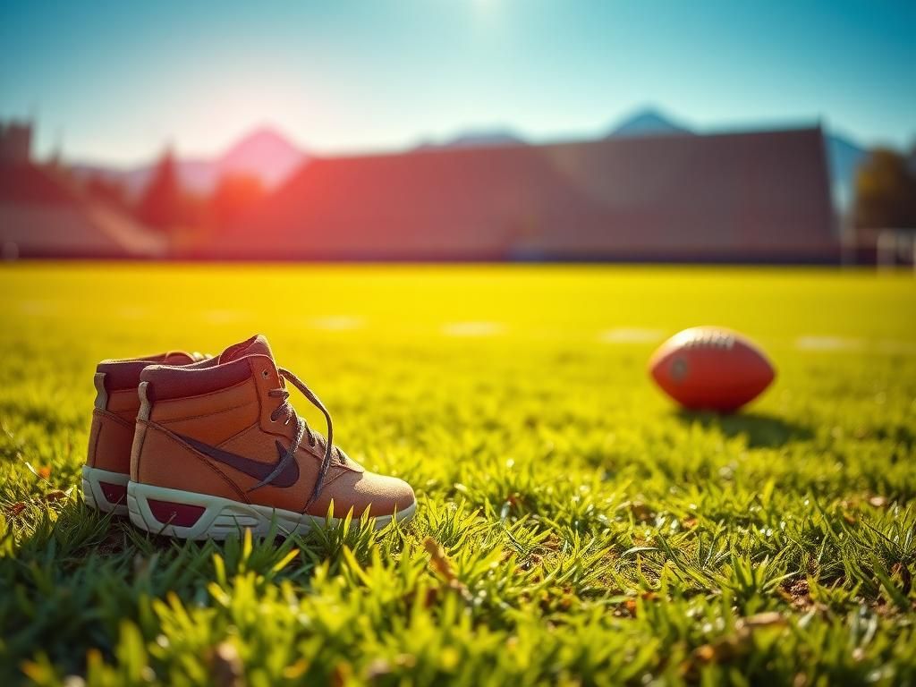 Flick International A pair of iconic football shoes resting on a lush green college football field
