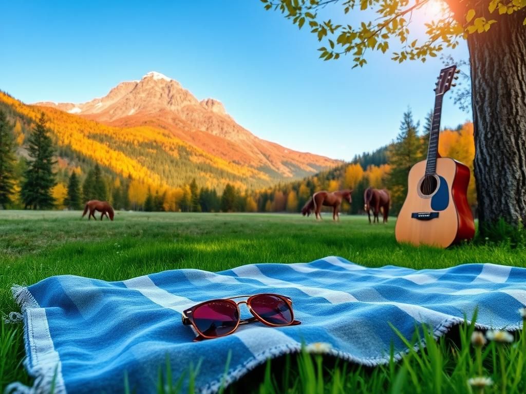 Flick International Serene Colorado landscape with autumn foliage and family picnic setup