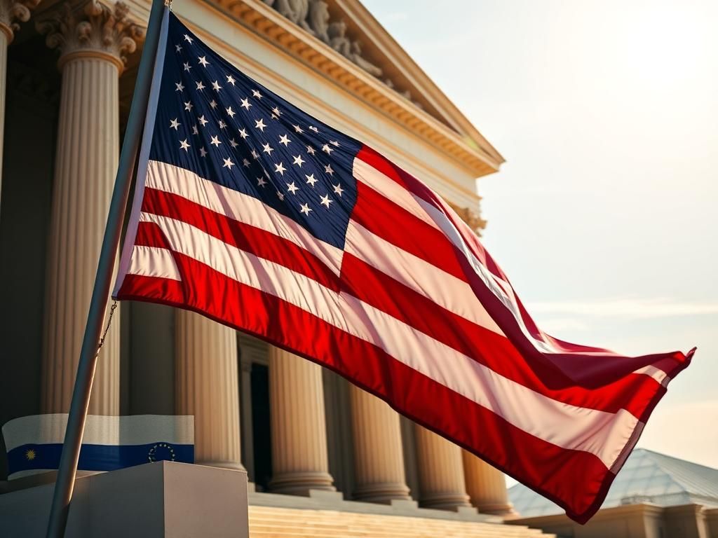 Flick International A large, weathered American flag gently waving in front of a courthouse, symbolizing justice for immigrants.