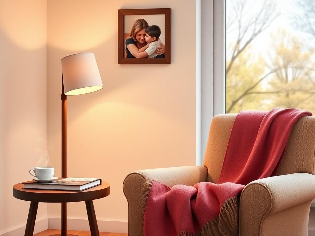 Flick International Cozy living room with an armchair, tea, and family photo albums evoking nostalgia