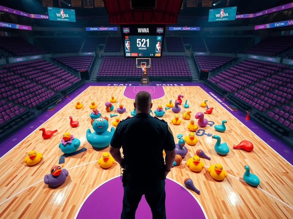 Flick International A dynamic above-view scene of a basketball court with colorful adult toys scattered around