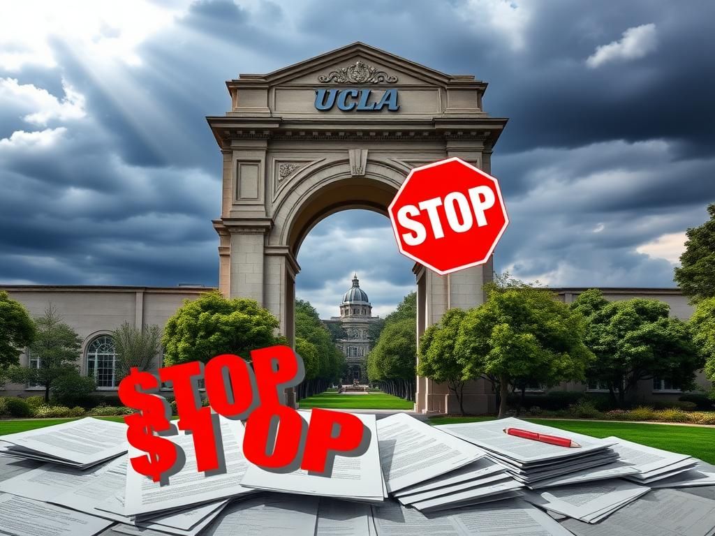 Flick International UCLA entrance arch with scattered legal documents representing a $1 billion settlement demand