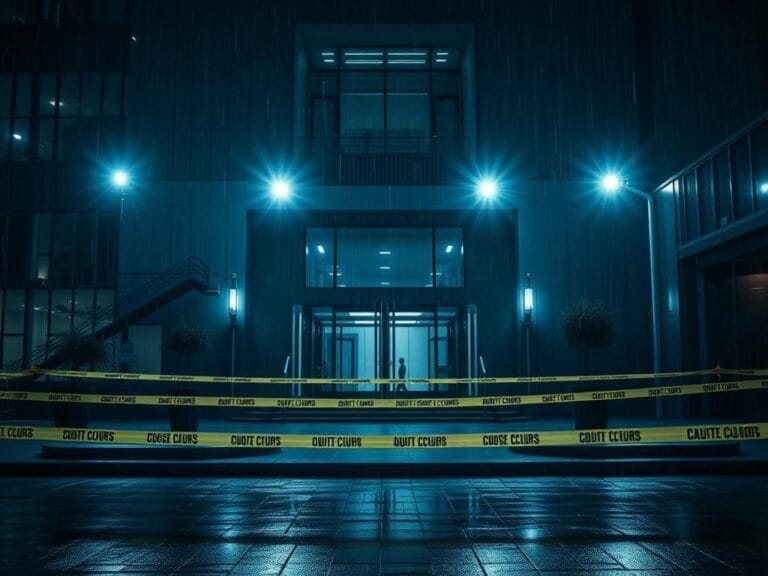 Flick International Dark urban scene of a modern office building at night with security features