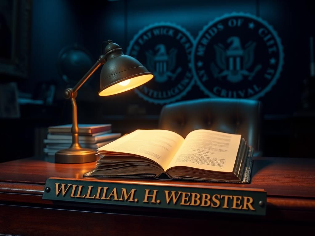 Flick International A somber vignette showcasing a polished wooden desk with a nameplate for William H. Webster.