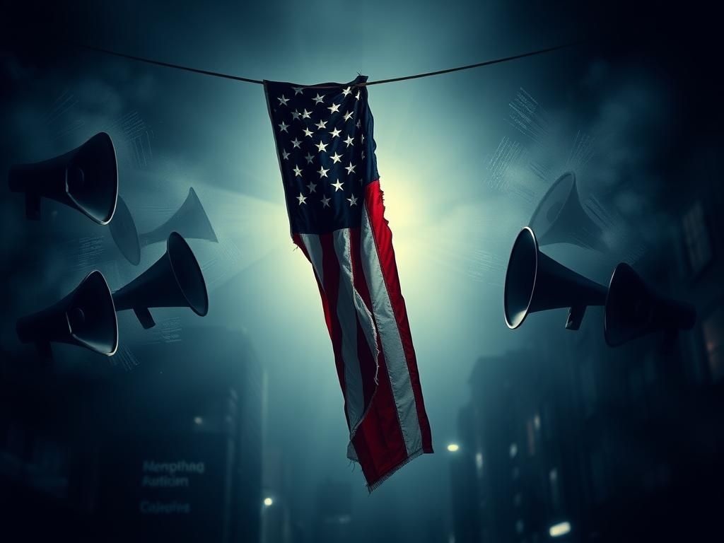 Flick International Torn and frayed American flag against a dimly lit urban nightscape symbolizing political divide