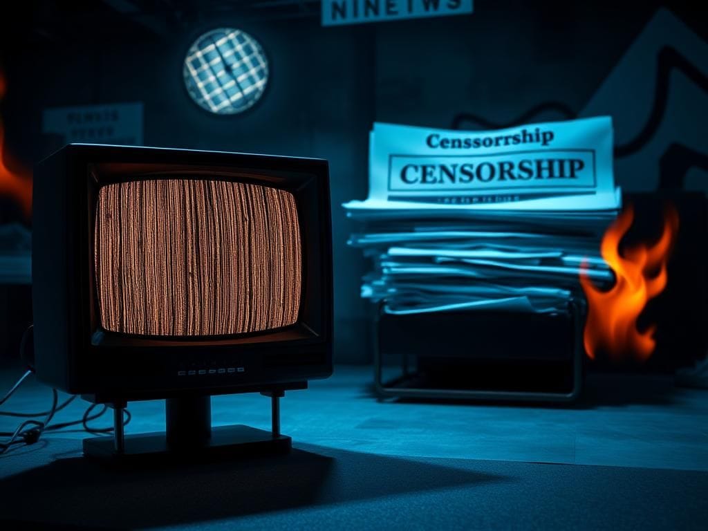 Flick International Vintage television screen displaying static in a dimly lit newsroom symbolizing media uncertainty