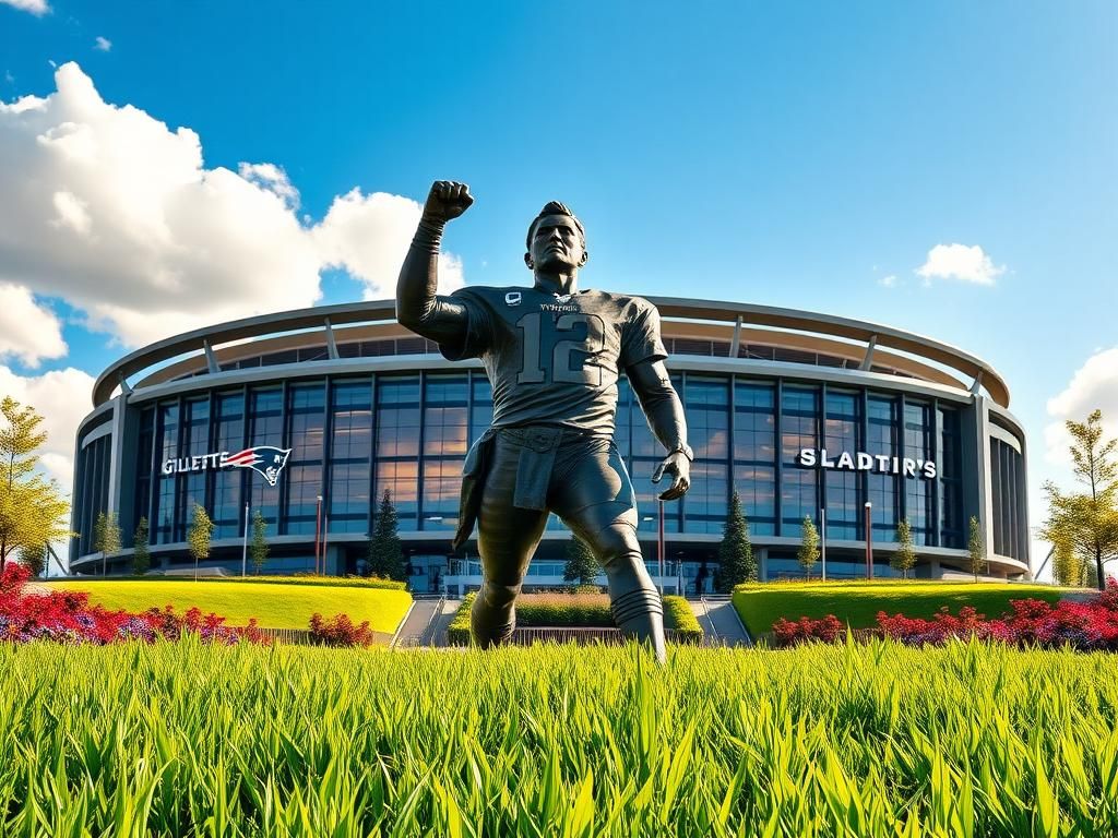 Flick International 12-foot bronze statue of Tom Brady in iconic celebratory pose outside Gillette Stadium