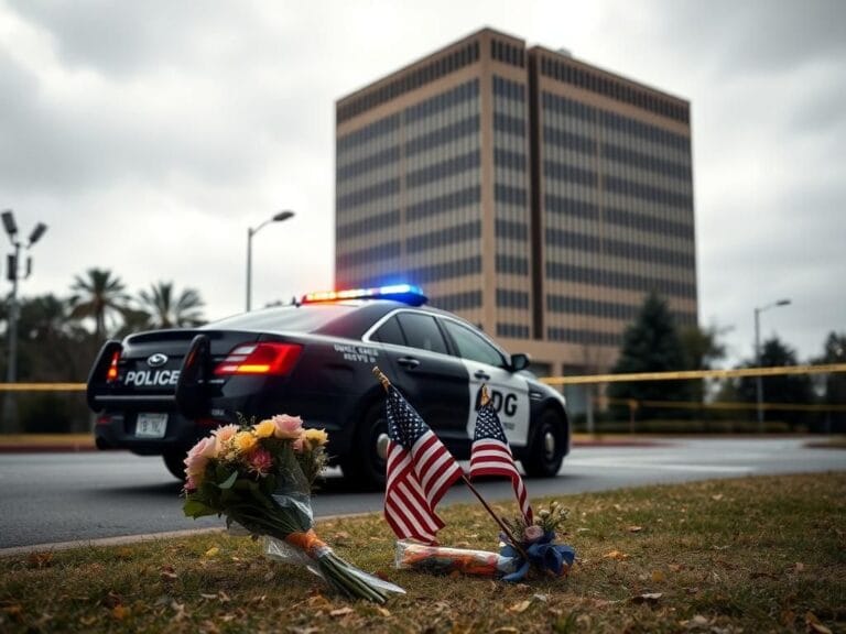 Flick International A police vehicle with flashing lights parked near the CDC headquarters in Atlanta, with a memorial of flowers and an American flag in the foreground.