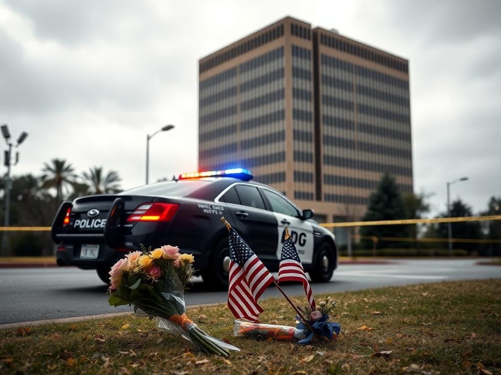 Flick International A police vehicle with flashing lights parked near the CDC headquarters in Atlanta, with a memorial of flowers and an American flag in the foreground.