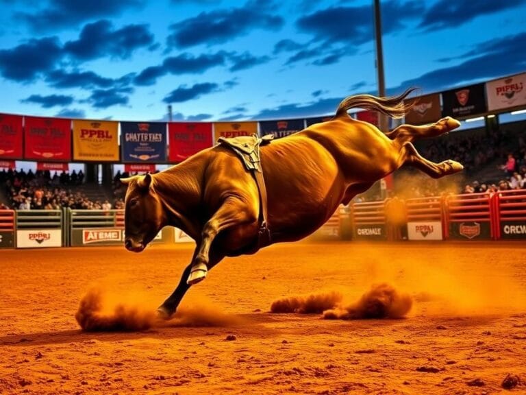 Flick International A powerful bucking bull in action at a rodeo arena during the PBR Friday Night Live event