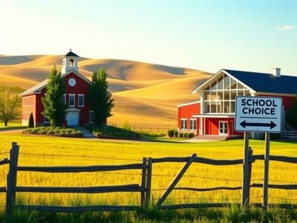 Flick International A serene rural landscape showcasing a traditional public school and a modern charter school, symbolizing the educational debate in rural America.