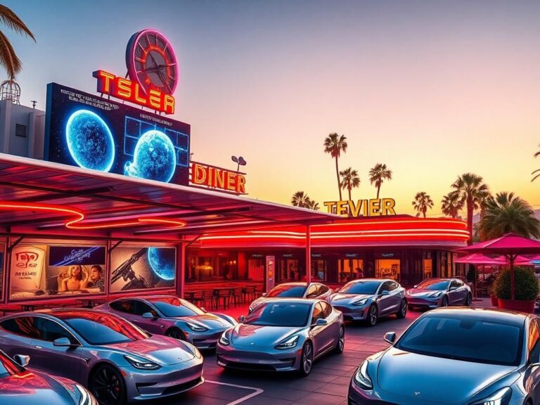 Flick International A vibrant diner scene with Tesla electric vehicles and modern architecture in West Hollywood