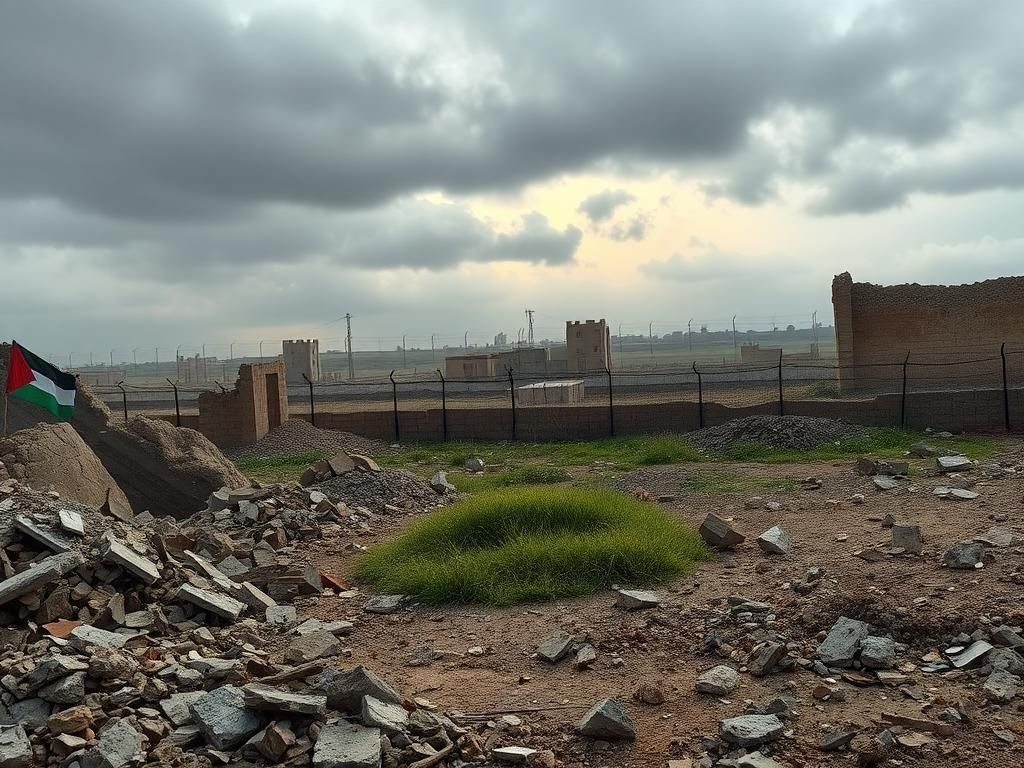 Flick International A somber landscape scene depicting the devastation in the Gaza Strip, with crumbling buildings and a patch of green grass symbolizing resilience.