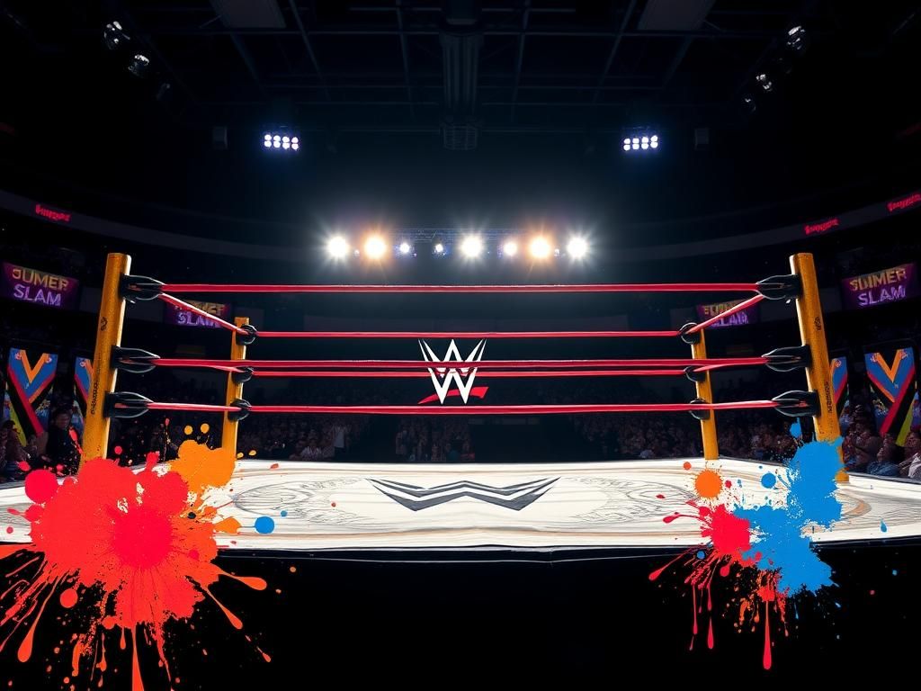 Flick International A dramatic wrestling ring set against a lively arena during SummerSlam featuring vibrant ropes and WWE logo.